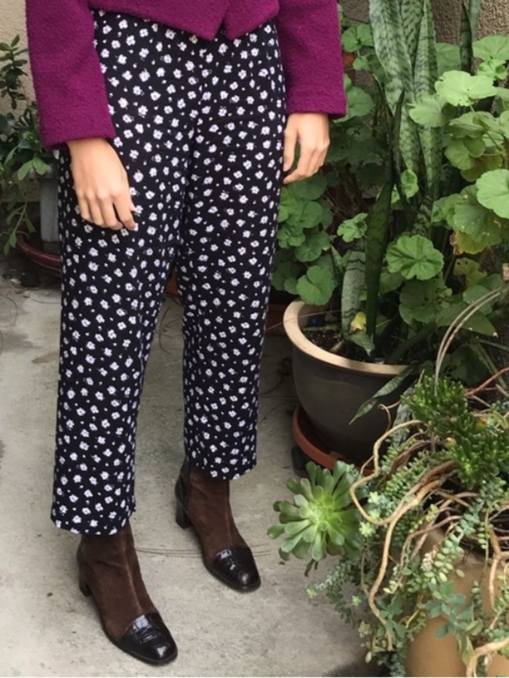 Vintage Black Floral Cropped Wide-Leg Acetate Pants